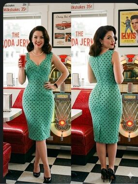 Steady Clothing Retro Teal Polka Dot Wiggle Dress - Made in USA Pin Up Bombshell